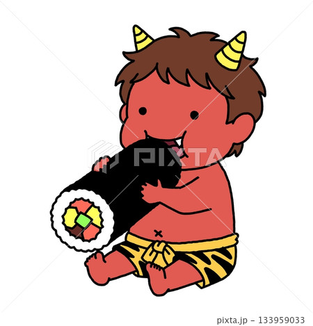 恵方巻きを丸かじりする可愛い鬼の子 133959033