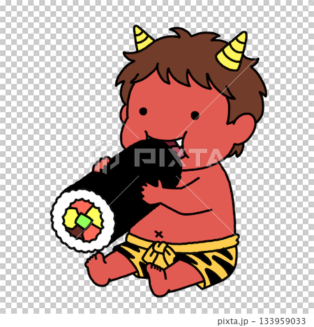 恵方巻きを丸かじりする可愛い鬼の子 133959033