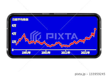 背景が青色のスマートフォン画面に長期的な株価の推移を表示させているイメージ：切り抜き透過バック素材 133959245