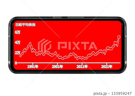 背景が赤色のスマートフォン画面に長期的な株価の推移を表示させているイメージ：切り抜き透過バック素材 133959247