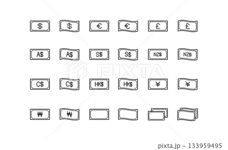 世界通貨の紙幣のシンプルな黒の線画アイコンセット 133959495