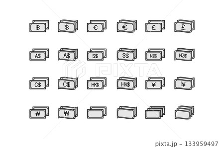 世界通貨の紙幣のシンプルな黒い線画のグレーのアイコンセット 世界通貨の紙幣のシンプルな黒い線画のグレーのアイコンセット 133959497