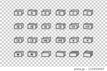 世界通貨の紙幣のシンプルな黒い線画のグレーのアイコンセット 世界通貨の紙幣のシンプルな黒い線画のグレーのアイコンセット 133959497