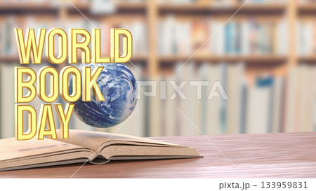 World Book Day Concept with Floating Globe and Open Book 3d render. 133959831
