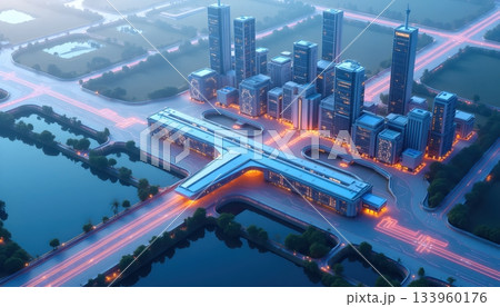An Isometric City District Where Advanced Transport Systems Unite 133960176