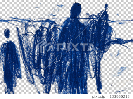 【背景透過】深い青のオイルパステルで描いた人々のシルエット 133960213