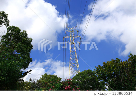発電所から変電所や消費地に大量の電力を運ぶ送電線 133960534