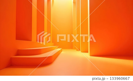 Sculptural Steps Rising Through a Softly Illuminated Orange Chamber 133960667