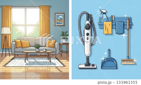 年末の大掃除を家族みんなで楽しむ明るく温かなイラスト 133961355