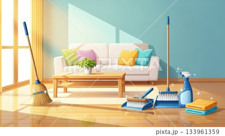 年末の大掃除を家族みんなで楽しむ明るく温かなイラスト 133961359