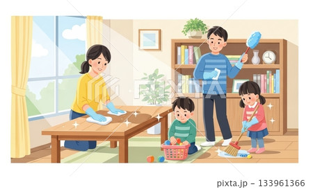 年末の大掃除を家族みんなで楽しむ明るく温かなイラスト 133961366