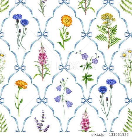 Meadow wildflowers seamless pattern watercolor illustration. Hand drawn chamomile, bluebell, fireweed, cornflower, calendula blooming summer flowers elegant decoration on tile background Meadow wildflowers seamless pattern watercolor illustration. Hand drawn chamomile, bluebell, fireweed, cornflower, calendula blooming summer flowers elegant decoration on tile background 133961525