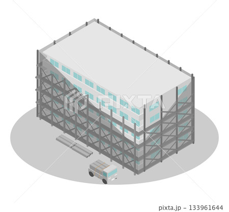 アイソメトリックなマンションの大規模修繕の足場の解体・組立をイメージしたイラスト素材 133961644