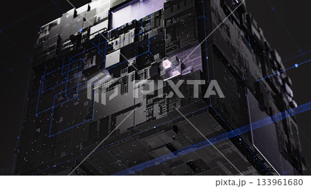 Futuristic data center structure with glowing digital interfaces, cybernetic architecture 133961680