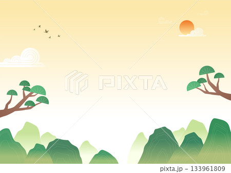 Vector illustration of a landscape with sun and mountains. 133961809