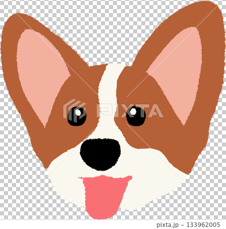 Hand drawn cute crayon of corgi puppy with tongue out for playtime, animal decoration, dog cartoon, paw friend, pet shop, vet, character, comic, head shape, adopt and rescue dog, shelter, foster home 133962005
