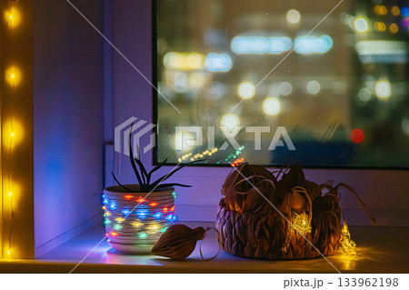 Indoor plant with colorful fairy lights on windowsill with city lights blurred in background. 133962198