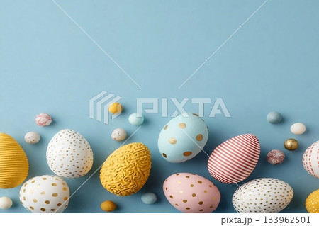 Colorful and decorative Easter eggs with patterns arranged on a pastel blue backdrop Colorful and decorative Easter eggs with patterns arranged on a pastel blue backdrop 133962501