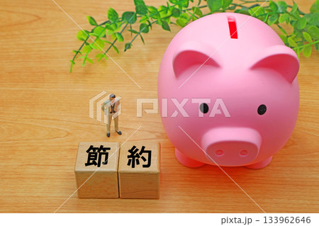節約と書かれたブロックと貯金箱 133962646