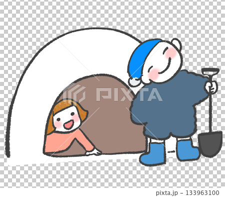 A boy proudly making a snow hut and a girl peeking out from inside 133963100
