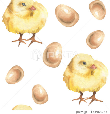 Yellow chicken and beige eggs watercolor seamless pattern. Hand drawn farm birds and food repeated clipart, cute yellow chick painting for easter festive, packing, rustic style design 133963233
