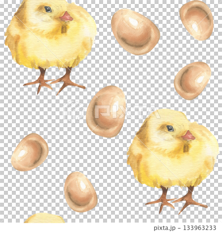 Yellow chicken and beige eggs watercolor seamless pattern. Hand drawn farm birds and food repeated clipart, cute yellow chick painting for easter festive, packing, rustic style design 133963233