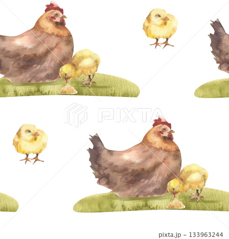 Farm birds seamless pattern with brown hen and yellow chicken on green grass lawn watercolor illustration. Farm animals repeated clipart for kitchen textile, rustic packing, organic eco product design Farm birds seamless pattern with brown hen and yellow chicken on green grass lawn watercolor illustration. Farm animals repeated clipart for kitchen textile, rustic packing, organic eco product design 133963244
