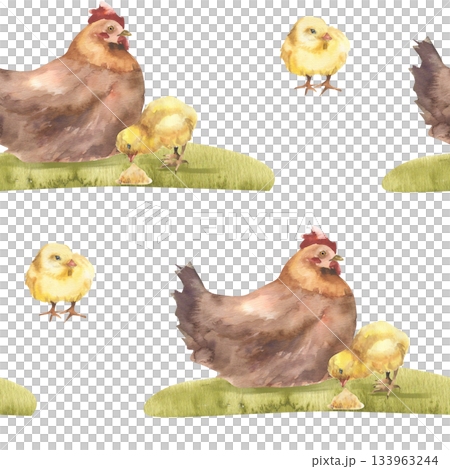 Farm birds seamless pattern with brown hen and yellow chicken on green grass lawn watercolor illustration. Farm animals repeated clipart for kitchen textile, rustic packing, organic eco product design Farm birds seamless pattern with brown hen and yellow chicken on green grass lawn watercolor illustration. Farm animals repeated clipart for kitchen textile, rustic packing, organic eco product design 133963244