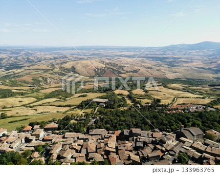 Aerial View of Rural Fields and Town in Italy 133963765