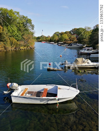 Small Boats on Lake with Trees 133963792