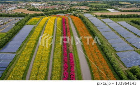 Parallel rows of flower fields aerial view 133964143