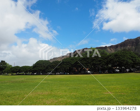 ハワイの象徴　カピオラニ公園から望む雄大なダイヤモンドヘッドと青空 133964278