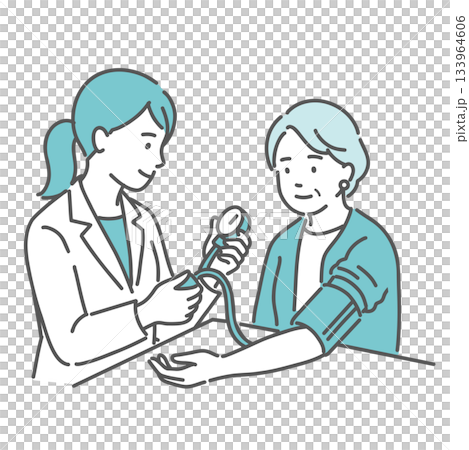 Illustration of blood pressure measurement by a medical professional (examination, elderly woman) Illustration of blood pressure measurement by a medical professional (examination, elderly woman) 133964606