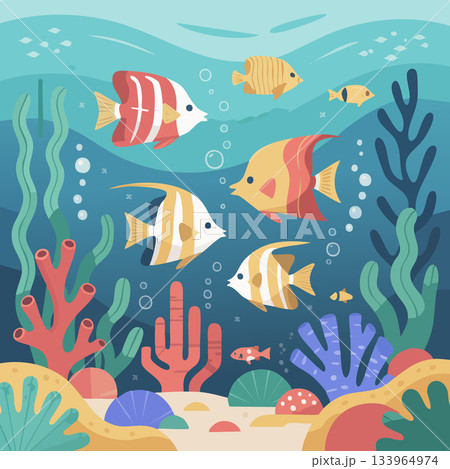 Vibrant undersea world brimming with colorful fish, coral reefs, and playful bubbles, perfect for children's books, educational content, and cheerful designs 133964974