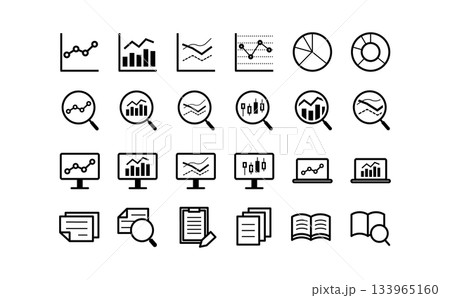 データ分析・調査のシンプルな黒い線画のアイコンセット 133965160
