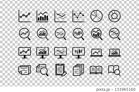 データ分析・調査のシンプルな黒い線画のアイコンセット 133965160