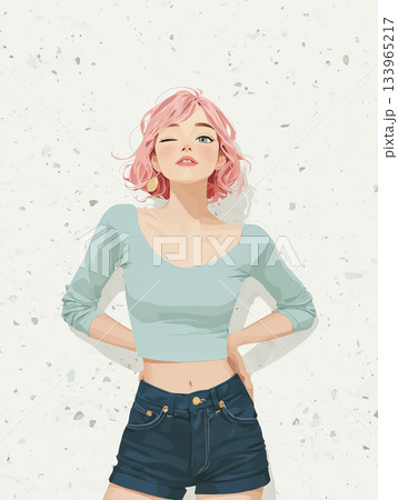 絵美シリーズ：腰に手を当ててウインク 133965217