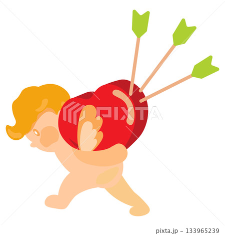 愛の矢が3本刺さった大きなハートの愛を背中にのせて歩くキューピッドのイラスト 133965239