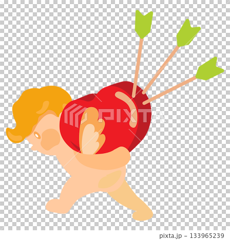 愛の矢が3本刺さった大きなハートの愛を背中にのせて歩くキューピッドのイラスト 133965239