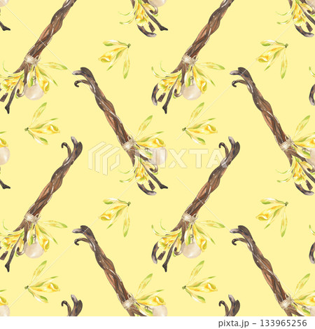Aroma pastry vanilla sticks pod with yellow orchid flowers watercolor seamless pattern on yellow background. Hand drawn fragrant spices for bakery food, organic cosmetics packing, textile design 133965256