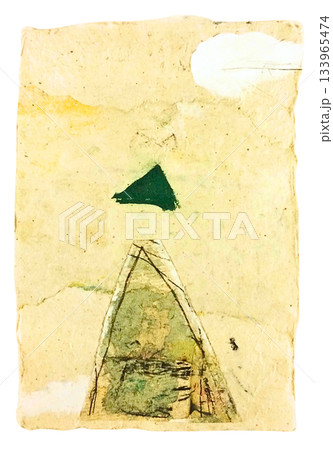 【背景透過】和紙にパステルと水彩とアクリルで描いた抽象的な山と雲 133965474