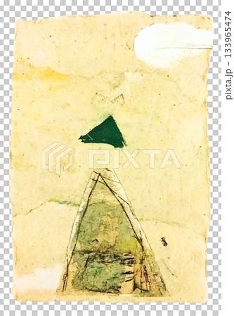 【背景透過】和紙にパステルと水彩とアクリルで描いた抽象的な山と雲 133965474