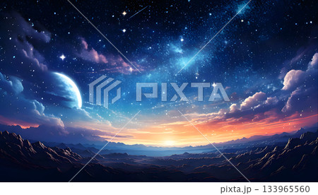 幻想的なカラフルな夜空と輝く雲と惑星の背景 133965560
