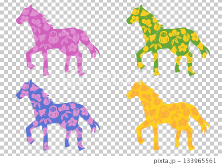 A set of four vector illustrations of horse silhouettes decorated with Japanese-style auspicious patterns 133965561
