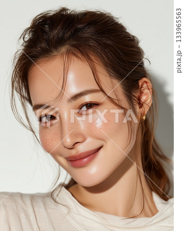 ツヤ肌が輝く笑顔の女性ポートレート｜ヘルシーで親しみやすいナチュラルビューティー 133965563