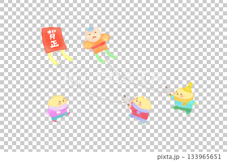 お正月　凧あげで遊ぶかわいい猫の水彩イラスト素材 133965651