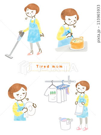 疲れた表情で家事をするエプロン姿の女性のイラストセット 疲れた表情で家事をするエプロン姿の女性のイラストセット 133965933