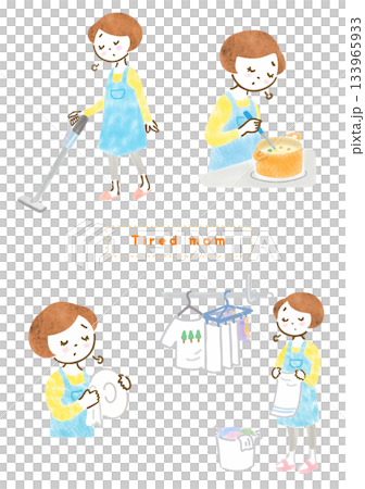 疲れた表情で家事をするエプロン姿の女性のイラストセット 疲れた表情で家事をするエプロン姿の女性のイラストセット 133965933