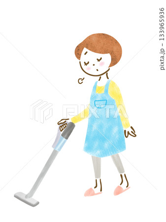 疲れた表情で掃除機をかけるエプロン姿の女性のイラスト 133965936