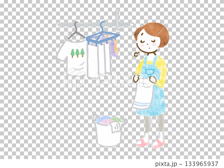 疲れた表情で洗濯物を干すエプロン姿の女性のイラスト 疲れた表情で洗濯物を干すエプロン姿の女性のイラスト 133965937